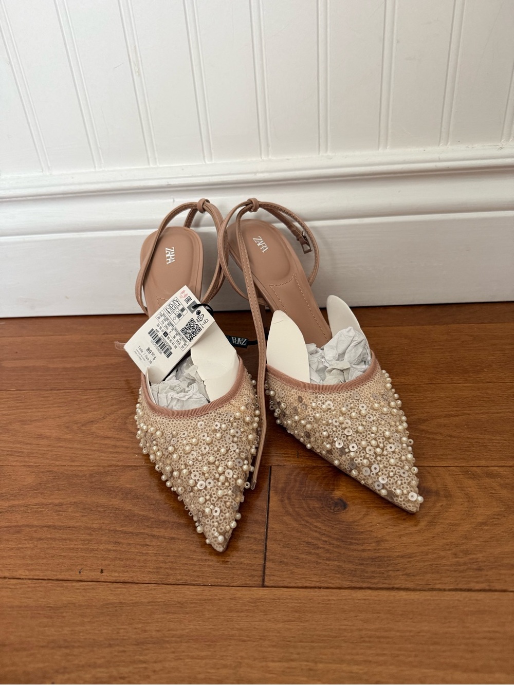 Zara Pearl-Beaded Pointed Slingback Heels in Nude